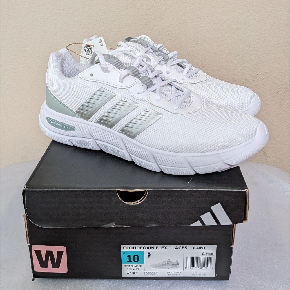New Adidas Women's Cloudfoam Flex Sneaker Shoes Wide Fit White Gray 10